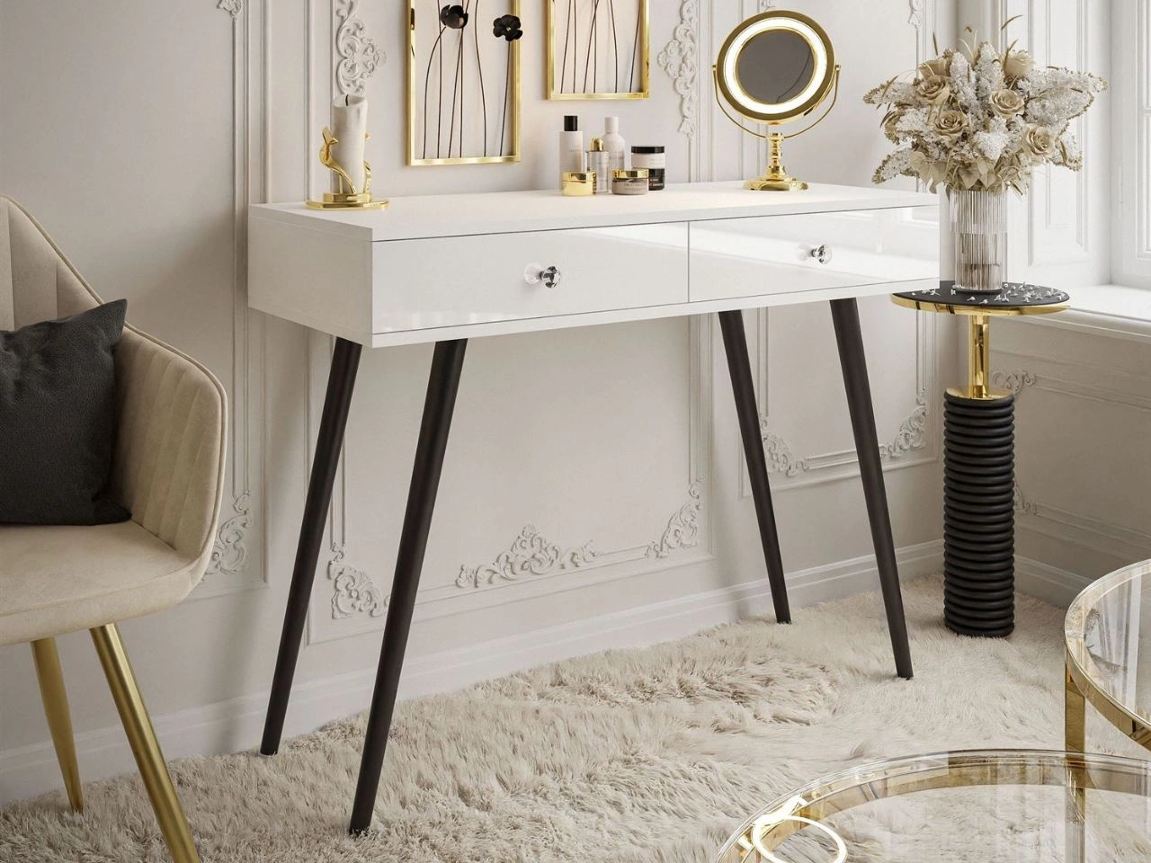 Konsolentisch mit Schubladen und Kristallgriffen Olivine Weiß Hochglanz