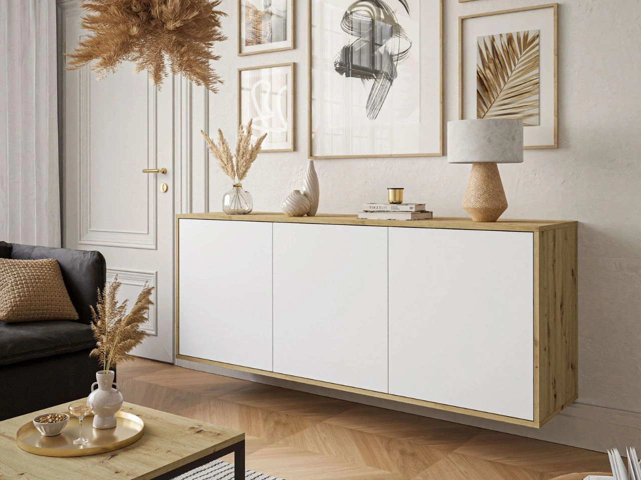 Dreitürige Hängekommode 154 cm im Loft-Stil – Vivance, Weiß matt & Eiche Artisan