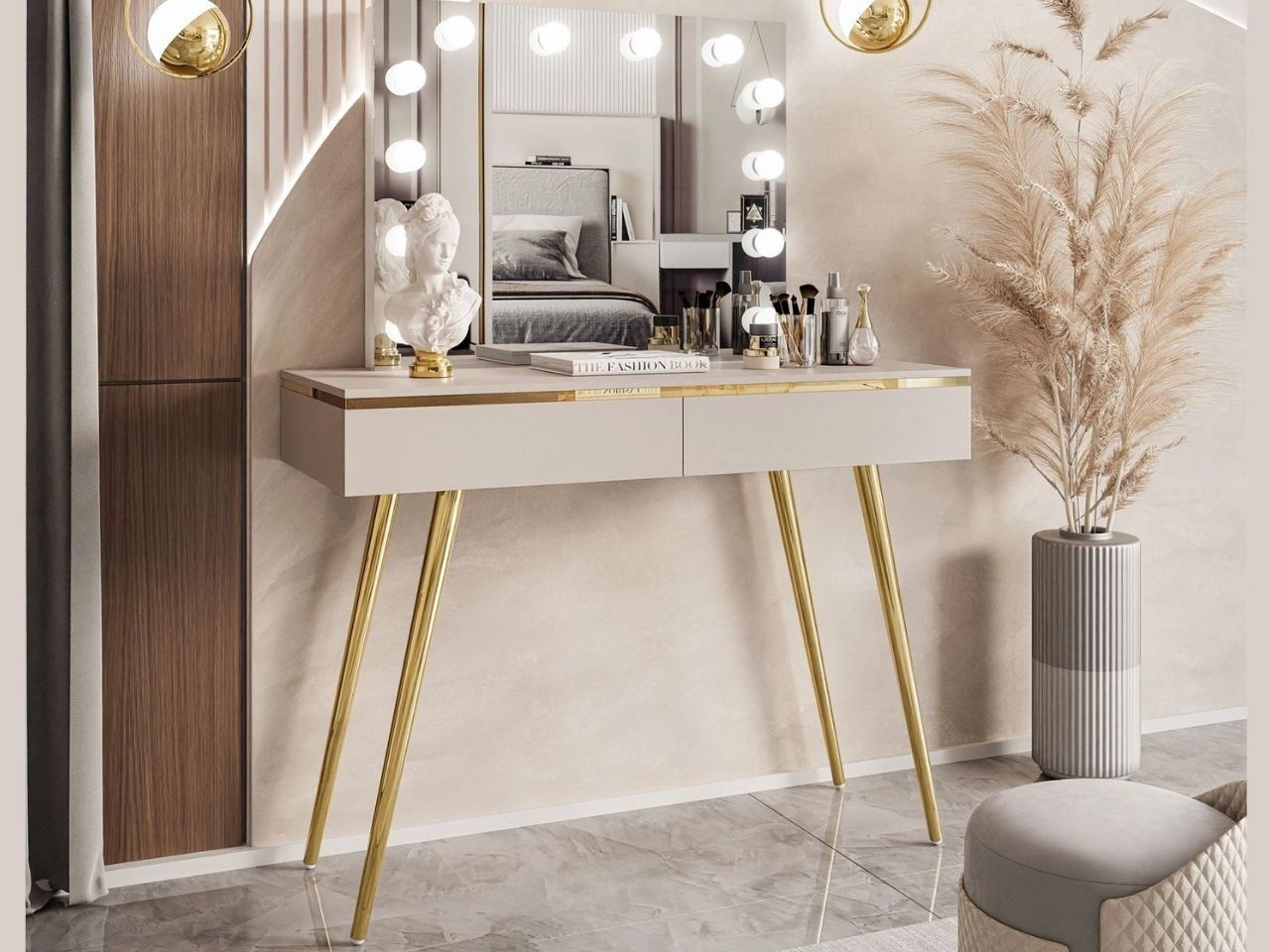 Schminktisch Glamour mit Schubladen, Spiegiel und LED-Beleuchtung auf goldenen Beinen Evare Elite Kaschmir