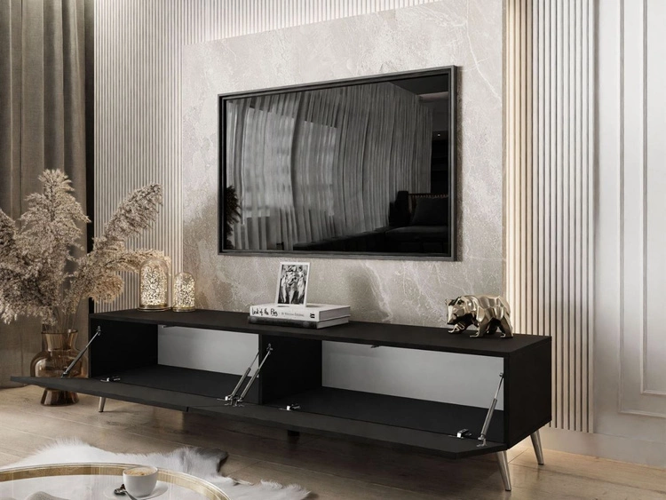 TV-Lowboard mit Türen auf Silbernen Metallbeinen 175 cm Sorelle Schwarz Matt