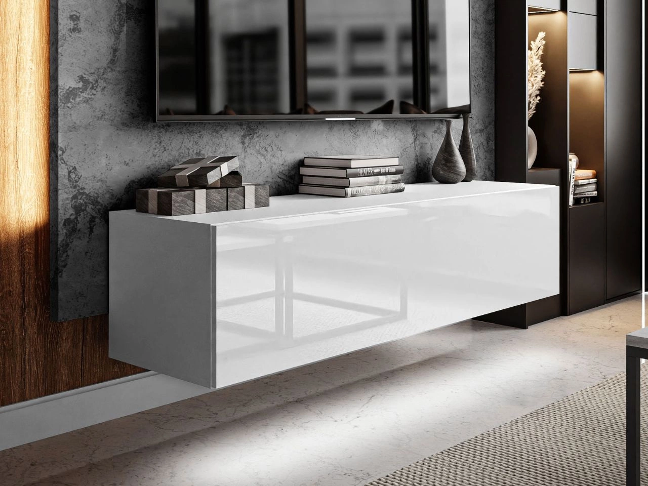 TV-Lowboard mit Türen und LED-Beleuchtung 150 cm Nodoo Weiß Hochglanz