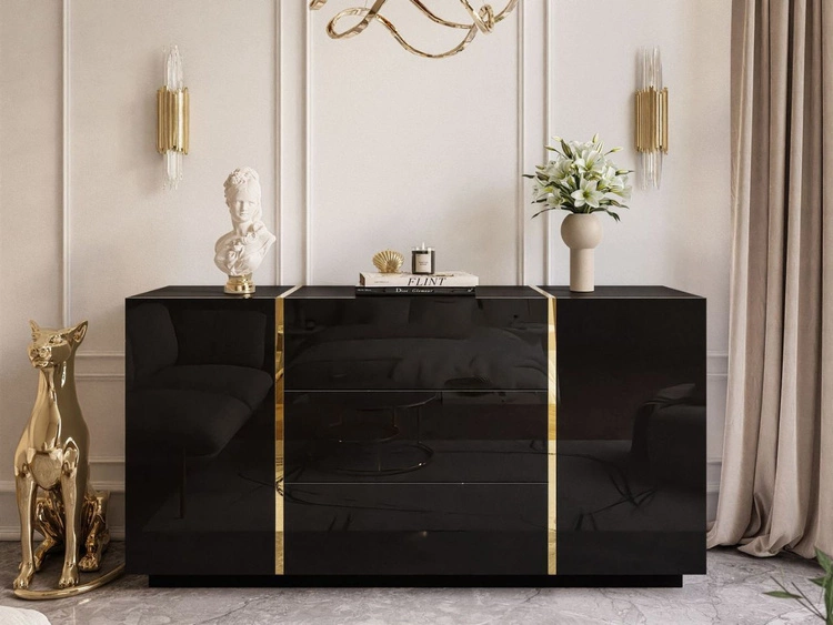 Zweitürige Kommode 158 cm mit drei Schubladen Lunelie Schwarzglanz