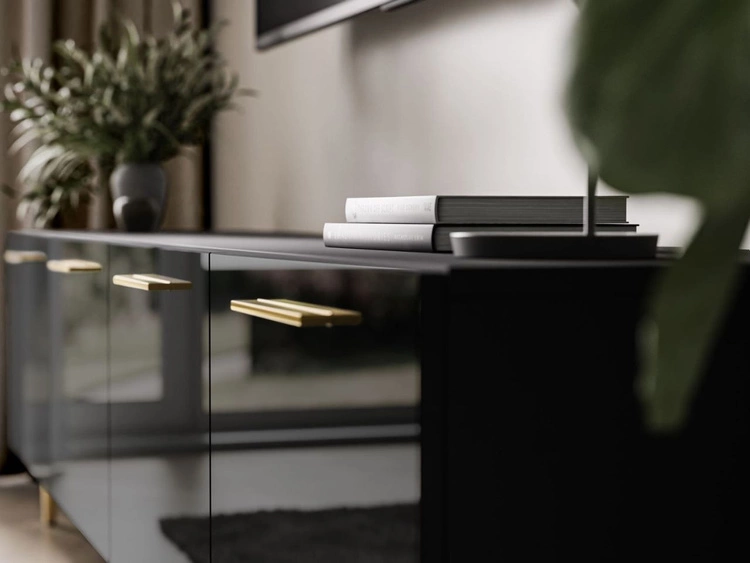 Wohnwand für das Wohnzimmer auf Goldenen Metallbeinen Noaé Schwarz Hochglanz