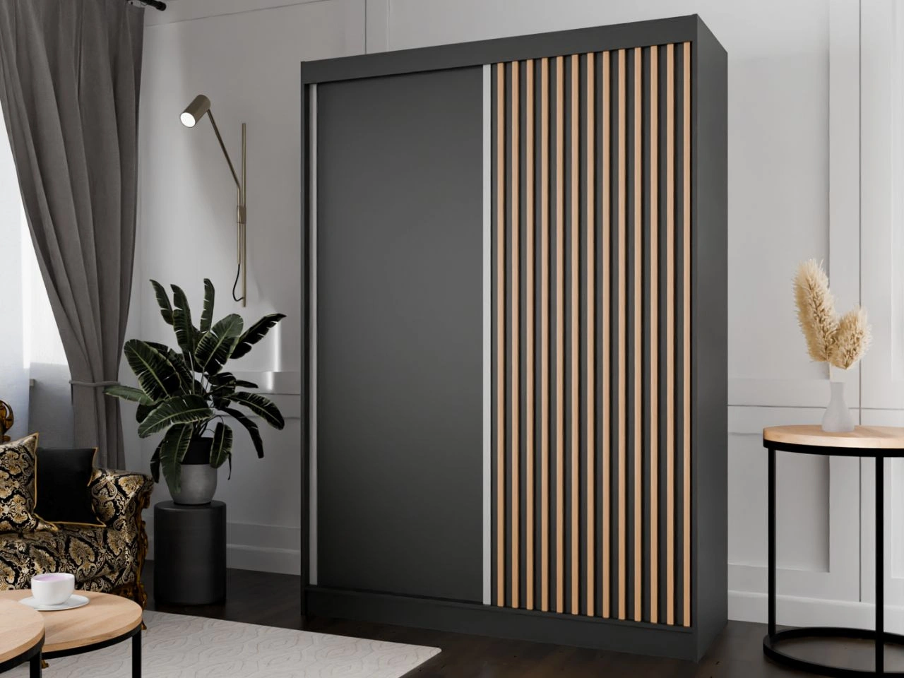 Schiebetürenschrank mit Lamellen 150 cm Loreto Schwarz