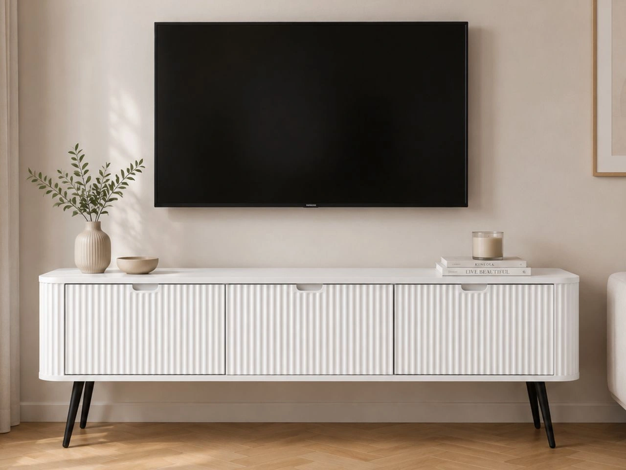 TV-Lowboard mit Türen Viva Weiß auf Schwarzen Beinen