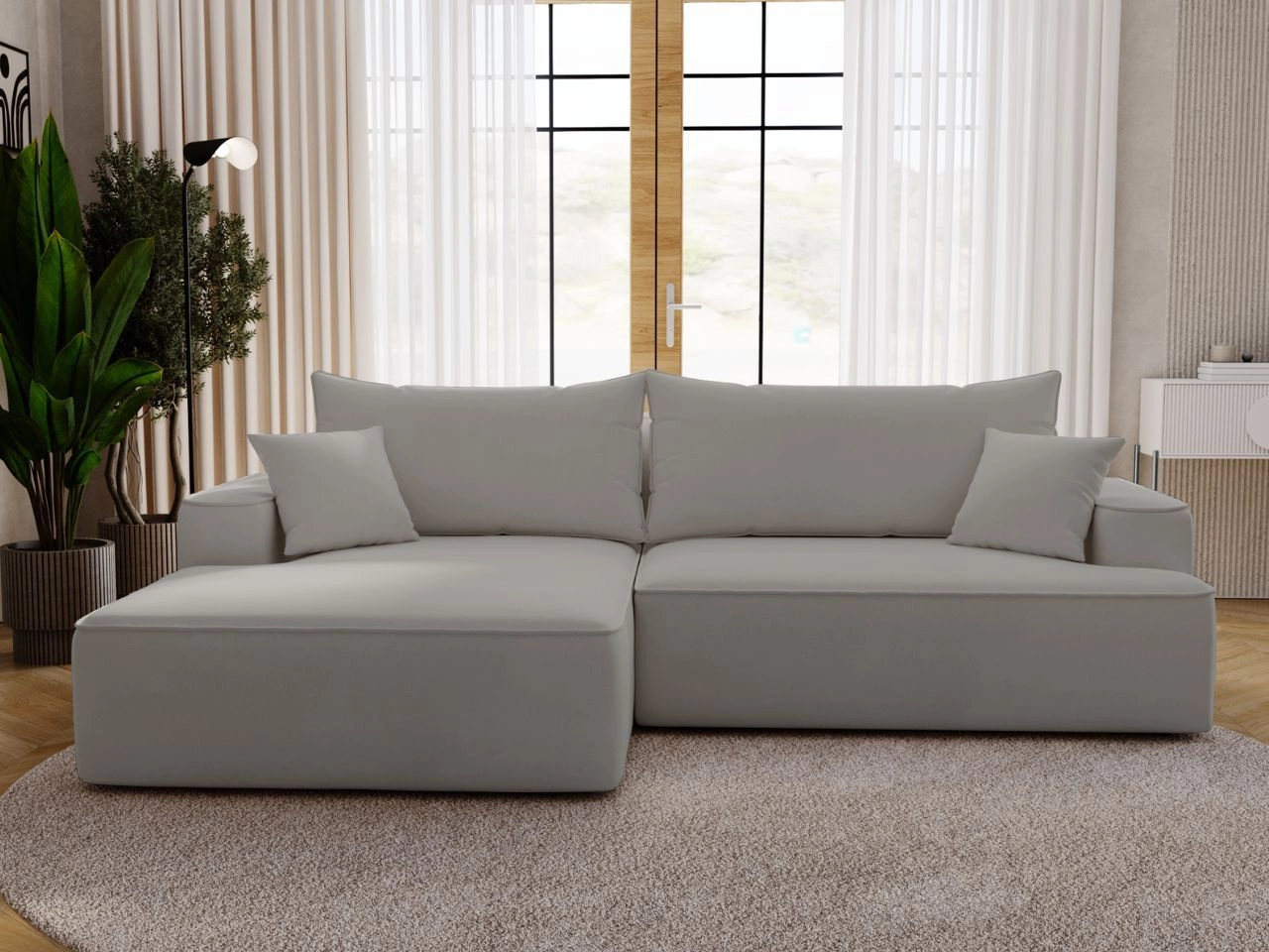 Ecksofa L-Form Links mit Schlaffunktion und Bettkasten California Hellgrau