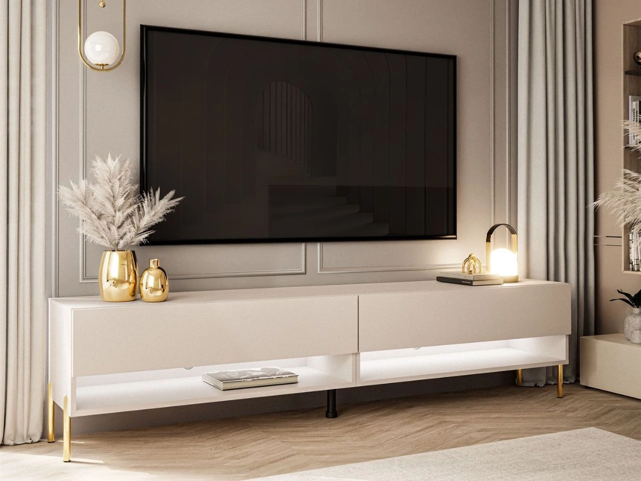 TV-Schrank für das Wohnzimmer 180 cm mit goldenen Metallbeinen und LED-Beleuchtung Aurelie Kaschmir matt