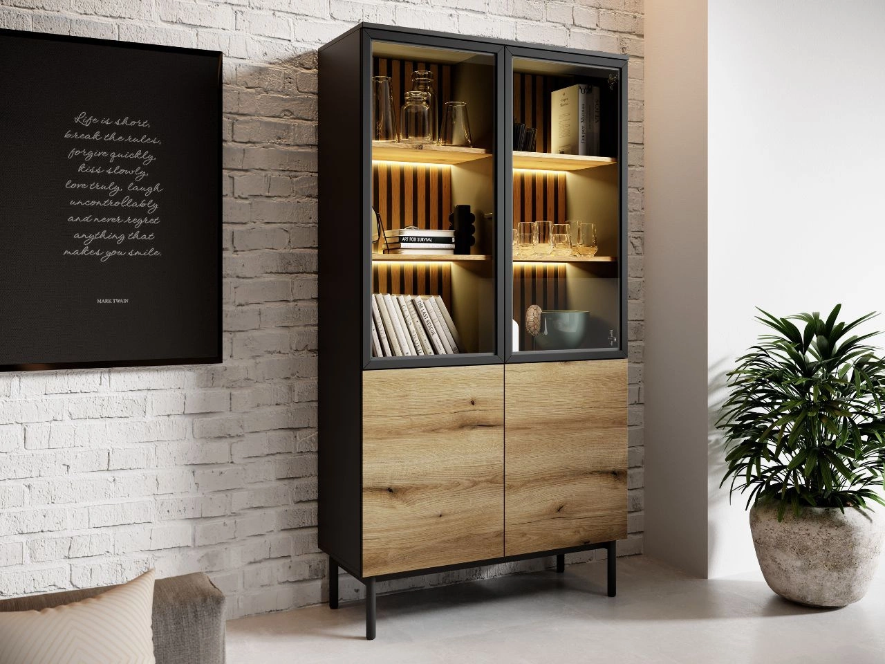 Vitrinenschrank Loara 188 cm Eiche Evoke, Schwarz