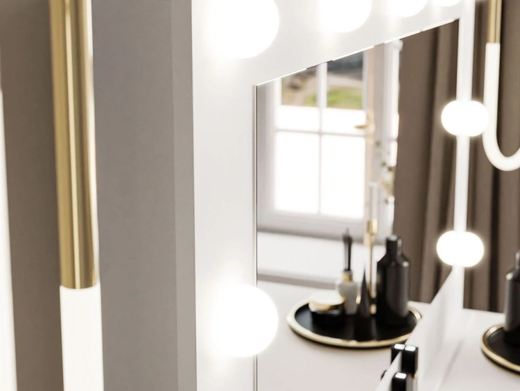 Schminktisch Glamour mit Spiegel, Schubladen und LED Melo Weiß Matt