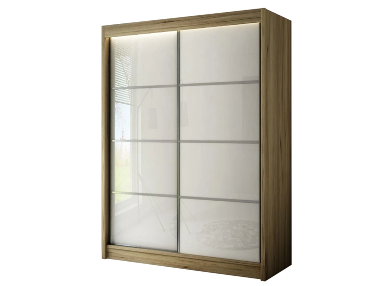 Schiebetürenschrank mit Sprossen 150 cm mit LED-Beleuchtung Ponti Handwerk Goldene Eiche, Weiß