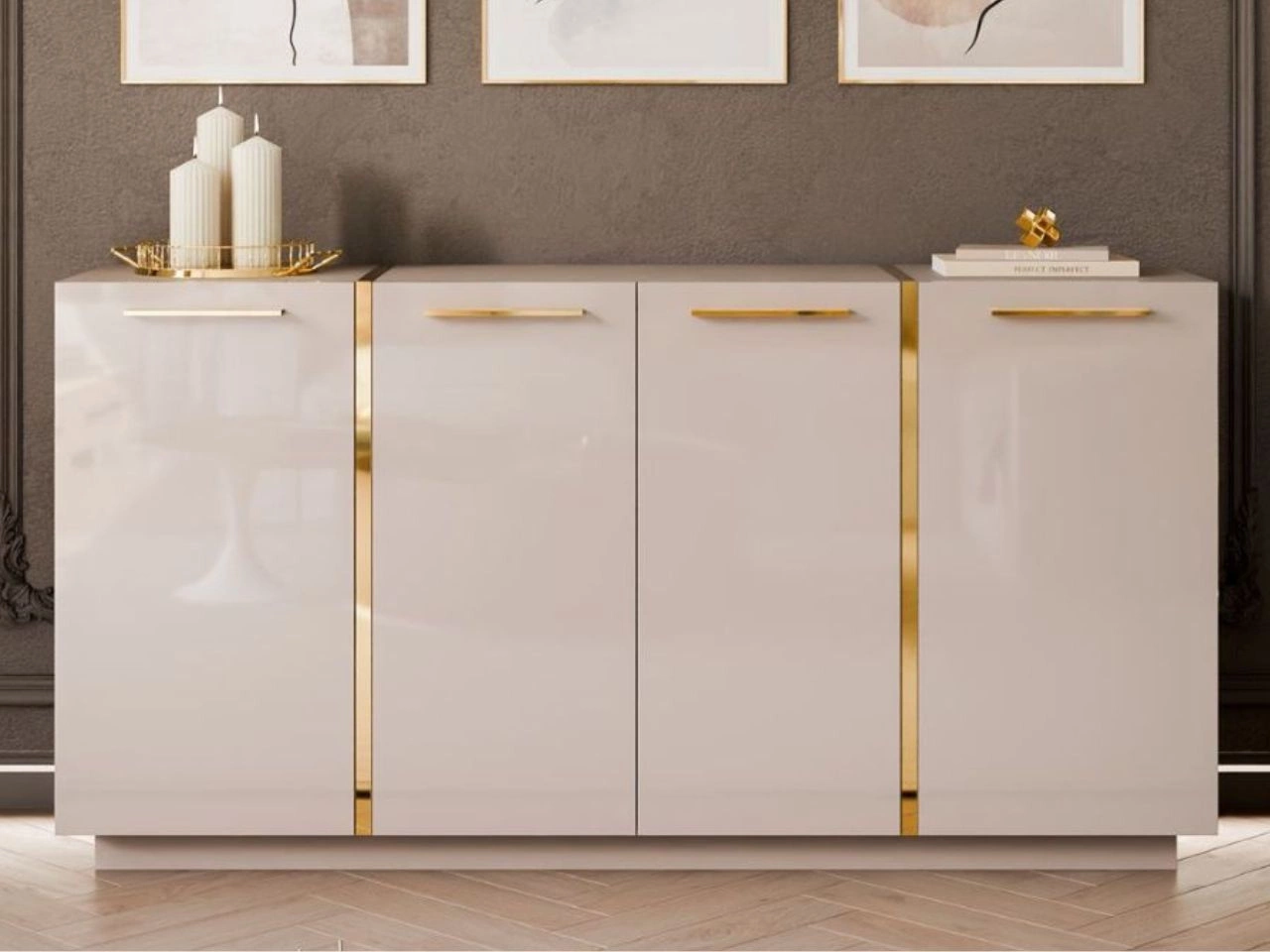 Viertürige Kommode 158 cm Glamour-Stil mit goldenen Griffen Lunelie Kaschmirglanz