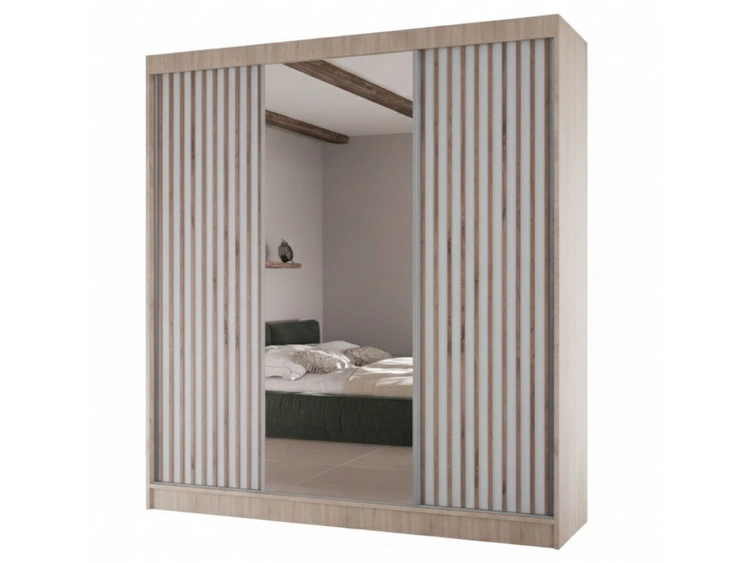 Schiebetürenschrank mit Lamellen und Spiegel 200 cm Lucena Eiche Sonoma, Weiß