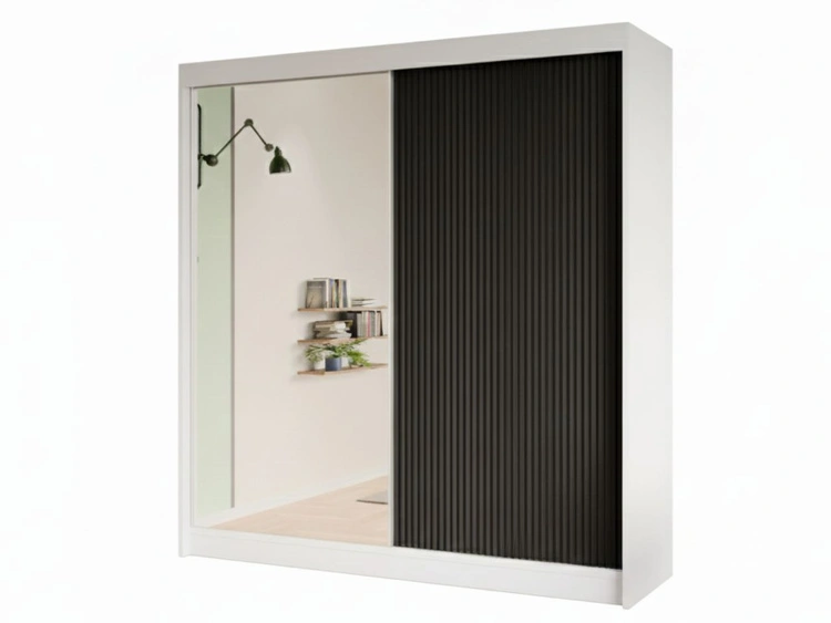 Schiebetürenschrank mit geriffelter Front und Spiegel 200 cm Fano Weiß, Schwarz