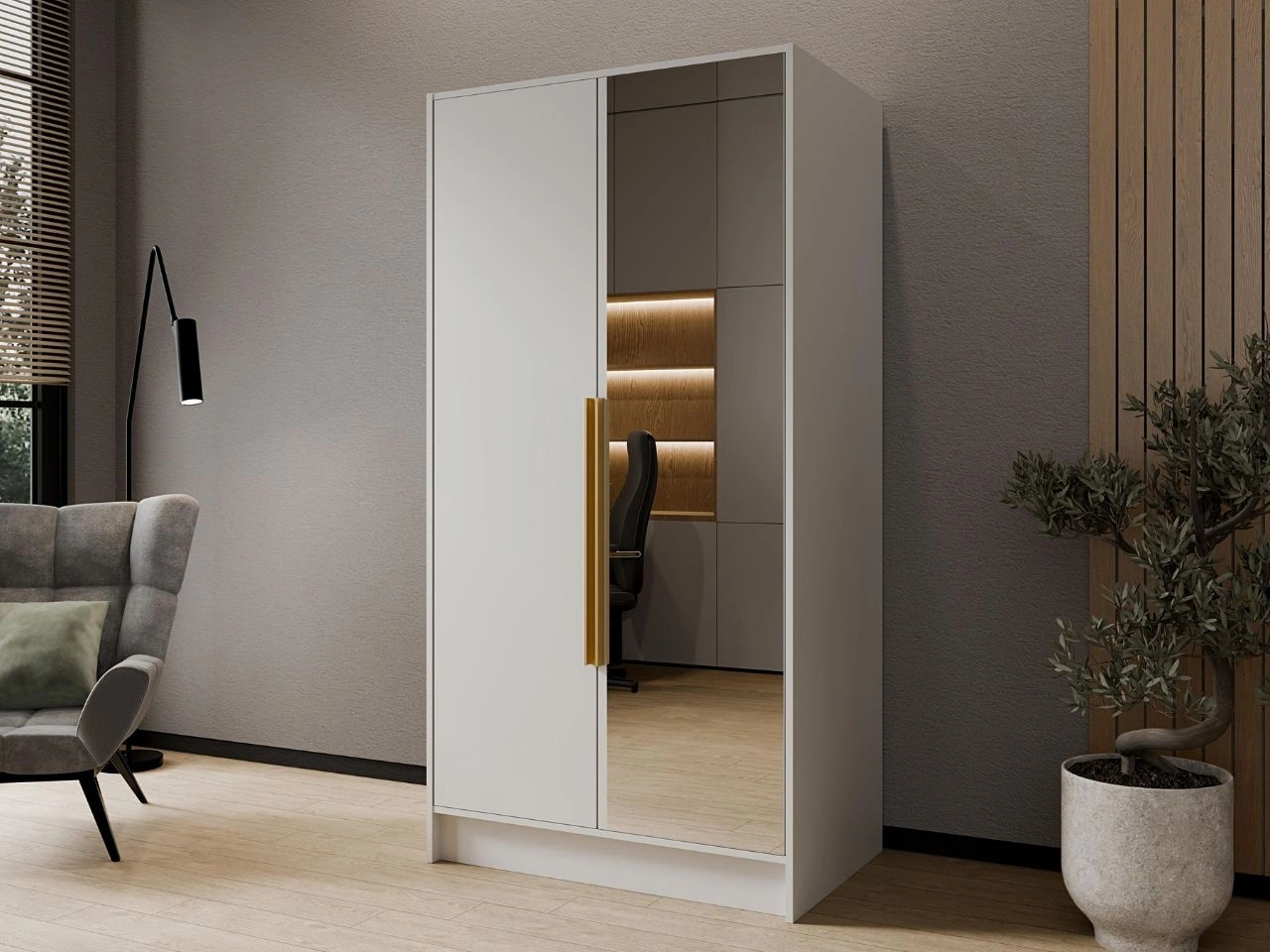 Kleiderschrank mit Spiegel 100 cm Lucca Weiß mit goldenen Griffen