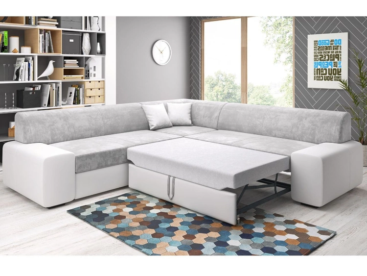 Ecksofa L-Form Links mit Schlaffunktion und Bettkasten Fresto Maxi Dunkelblau, Weiß