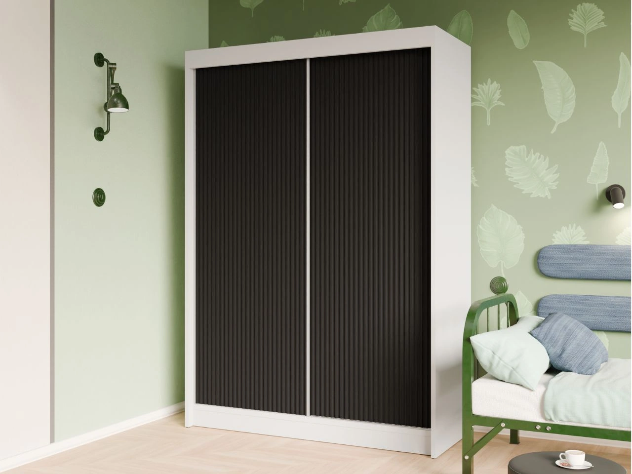 Schiebetürenschrank mit geriffelter Front 150 cm Fano Weiß, Schwarz