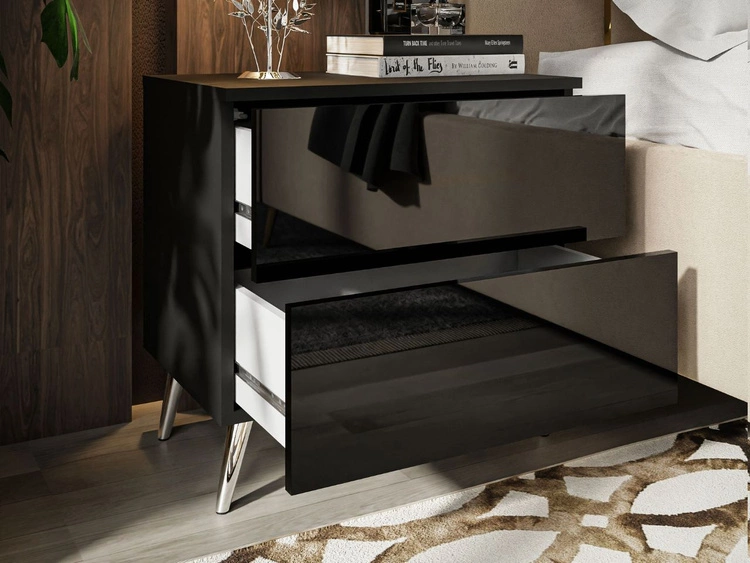 Nachttisch mit Schubladen auf Silbernen Metallbeinen Nuveo Schwarz Hochglanz