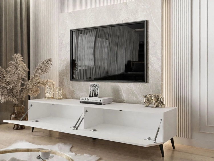 TV-Lowboard mit Türen auf Schwarzen Metallbeinen 175 cm Sorelle Weiß Hochglanz