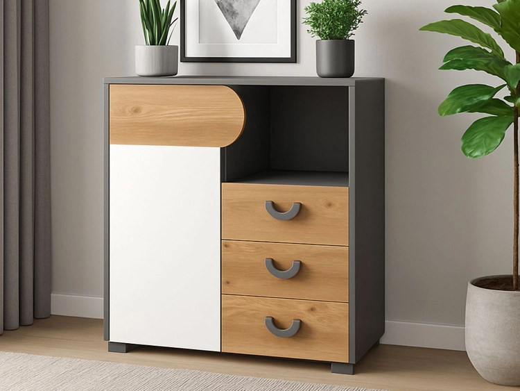 Kommode 80 cm mit Schubladen für ein Jugendzimmer Casa Nash Eiche, Weiß, Grau