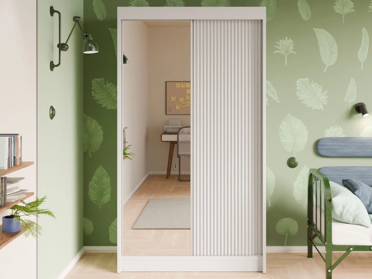 Schiebetürenschrank mit geriffelter Front und Spiegel 120 cm Fano Weiß