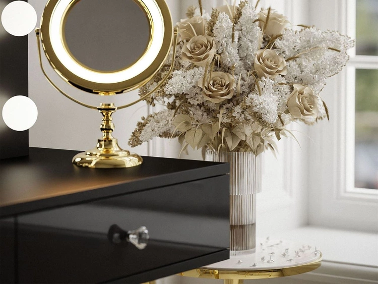 Schminktisch glamour mit Schubladen, Spiegel und LED-Beleuchtung Olivine Schwarz Hochglanz