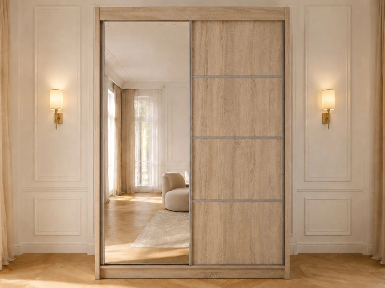 Schiebetürenschrank mit Spiegel 150 cm mit LED-Beleuchtung Portel Eiche Sonoma