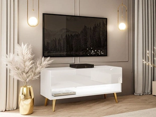 TV-Schrank 90 cm mit LED-Beleuchtung und goldenen Beinen Aurelie Weiß Hochglanz