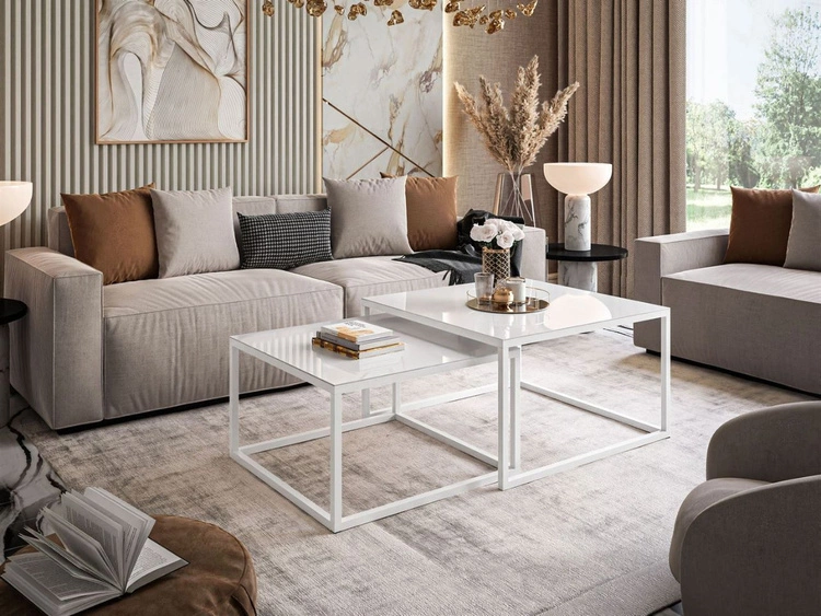 Couchtisch auf weißem Gestell mit Glasplatte Asumi Weiß 35x41