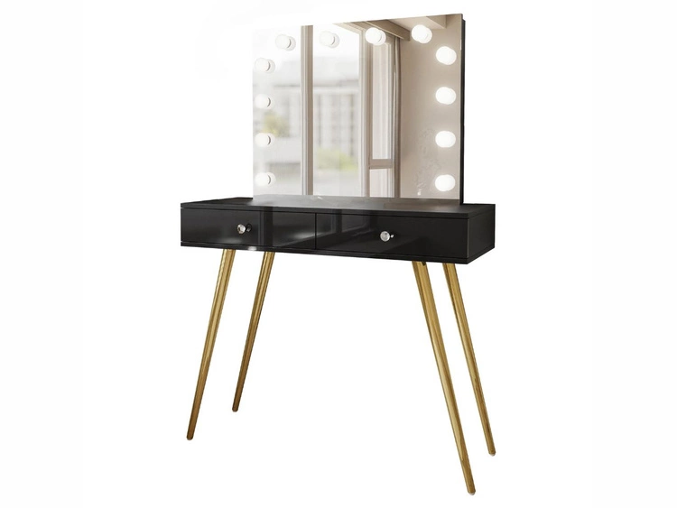 Schminktisch im Glamour-Stil mit Schubladen, Kristallgriffen und LED-Beleuchtung Olivine Elite Schwarz Hochglanz