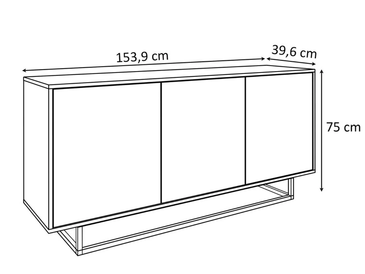 Dreitürige Kommode 154 cm im Loft-Stil auf schwarzem Gestell – Vivance, Weiß matt & Eiche Artisan