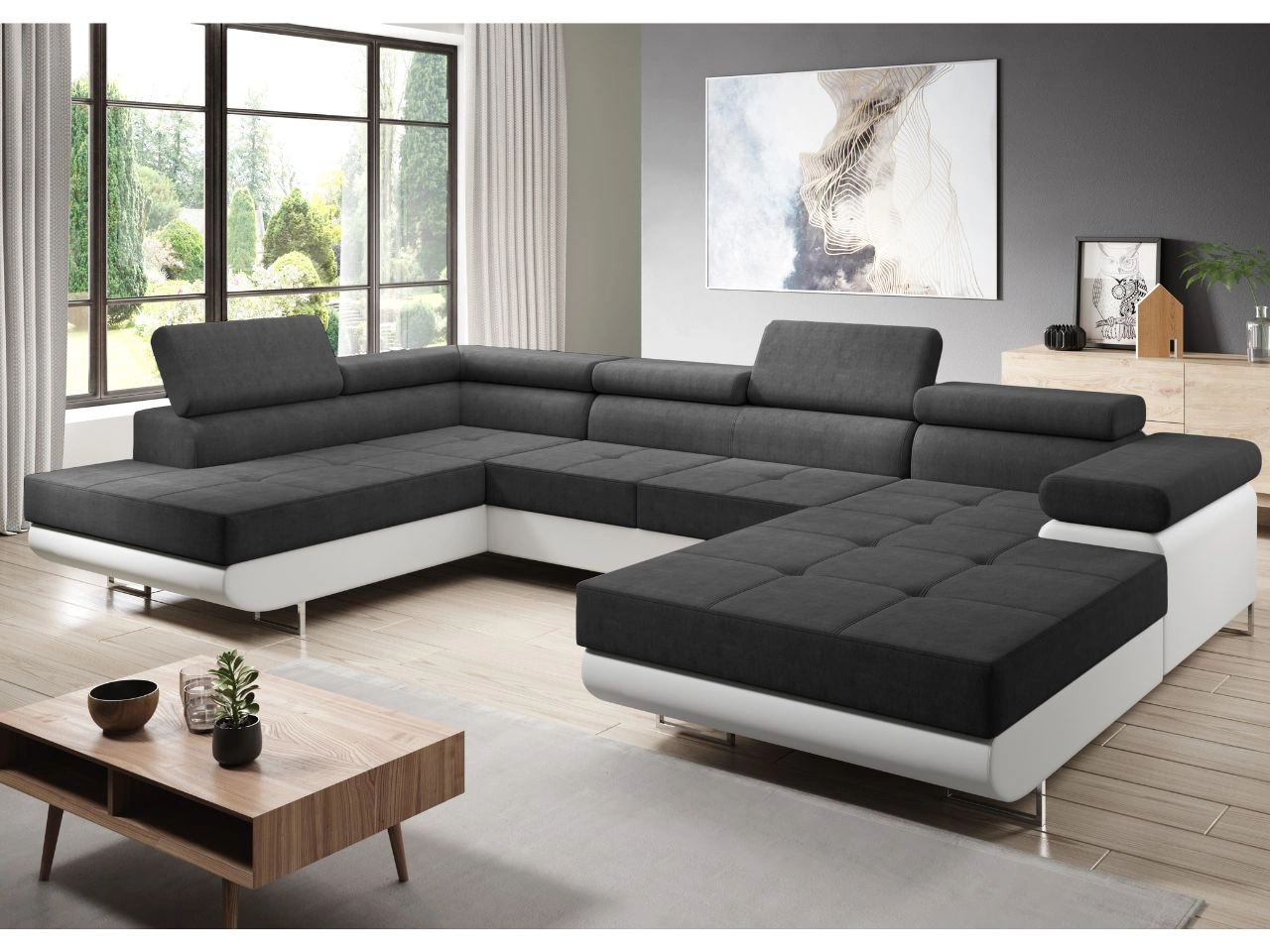 Wohnlandschaft Links mit Schlaffunktion und Bettkasten Solam U Schwarz, Weiß