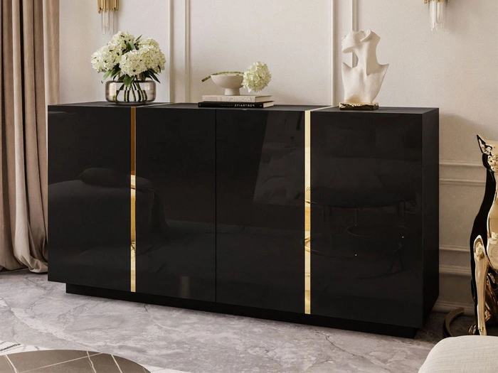 Viertürige Kommode 158 cm Glamour-Stil Lunelie Schwarzglanz