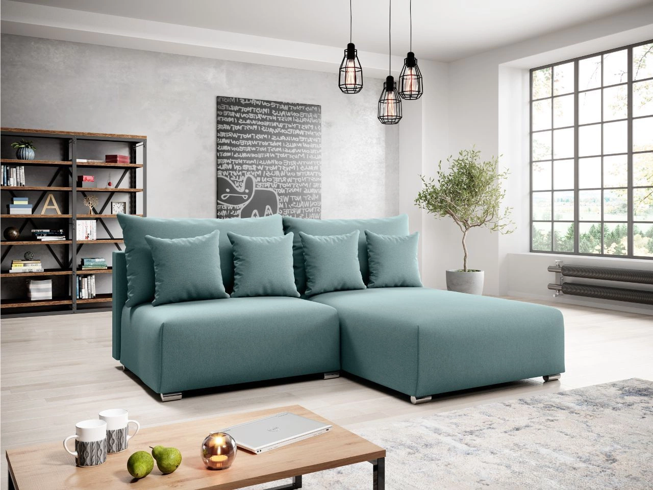 Ecksofa L-Form Rechts mit Schlaffunktion und Bettkasten Ronni Hellblau