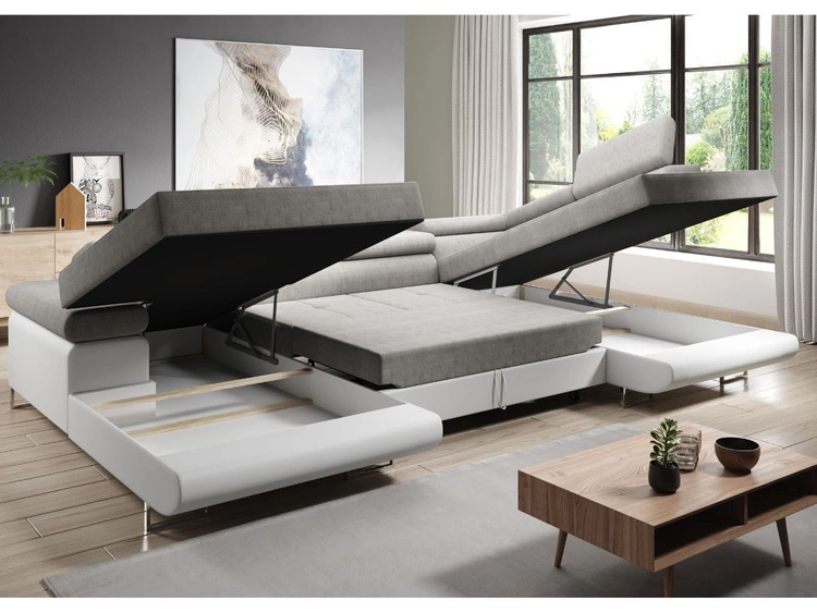 Wohnlandschaft Rechts mit Schlaffunktion und Bettkasten Solam U Hellgrau, Weiß