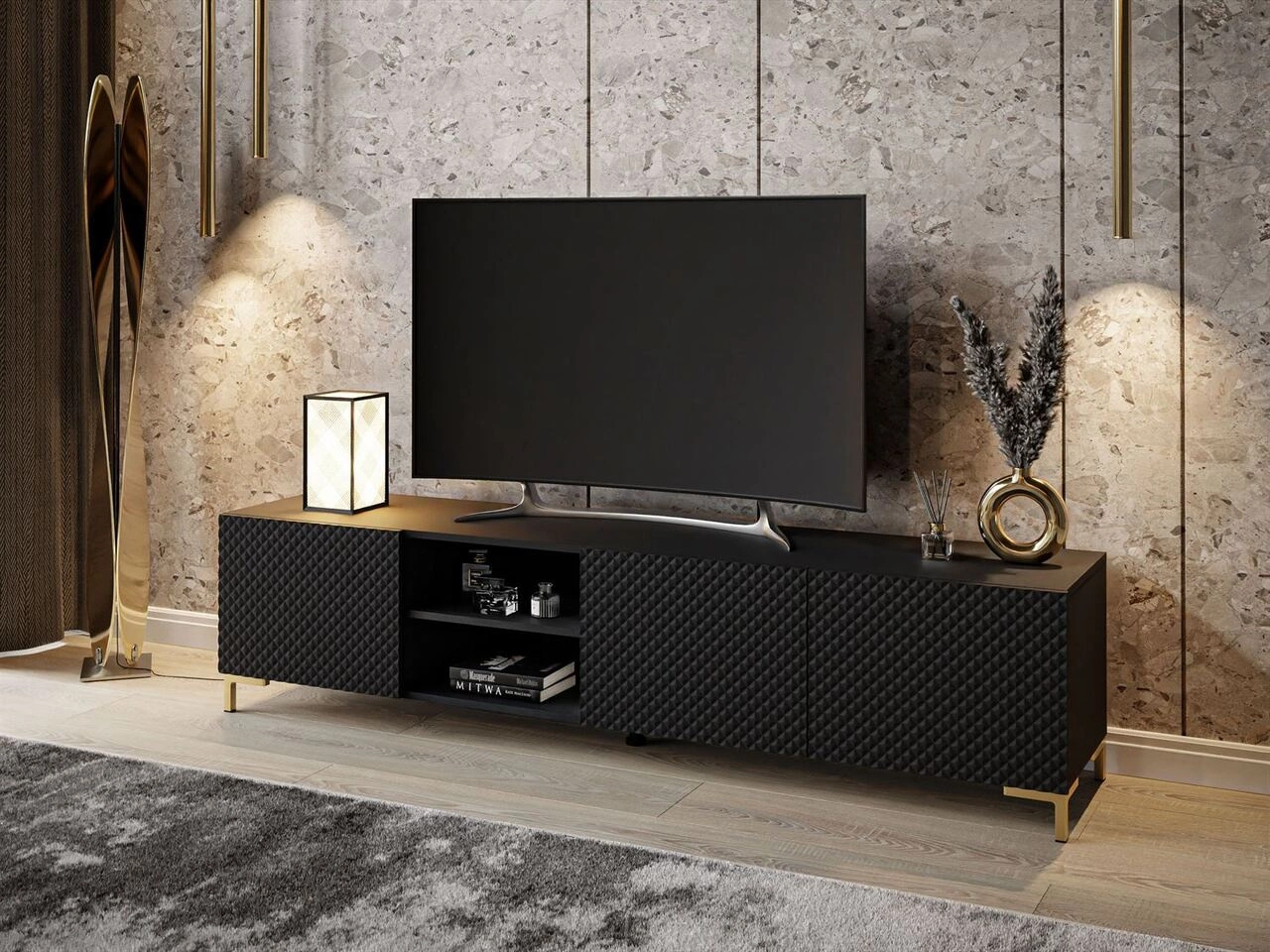 TV-Schrank mit goldenen Kunststoffbeinen und 3D-gefrästen Fronten Celiane Schwarz matt