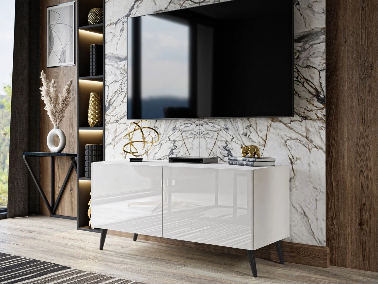 TV-Lowboard mit Türen und LED-Beleuchtung auf Schwarzen Metallbeinen 100 cm Noaé Weiß Hochglanz