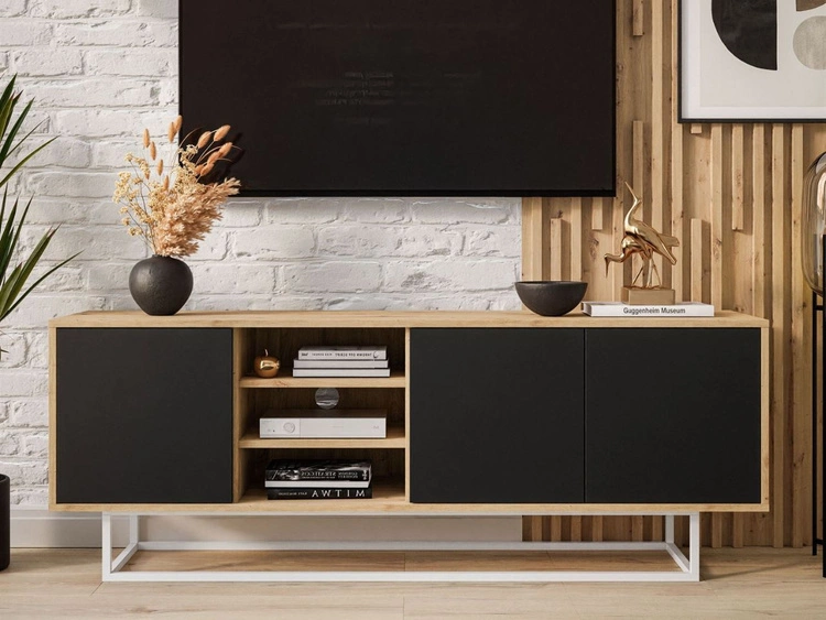 TV-Lowboard mit Türen auf weißem Gestell Vivance Schwarz und Artisan Eiche