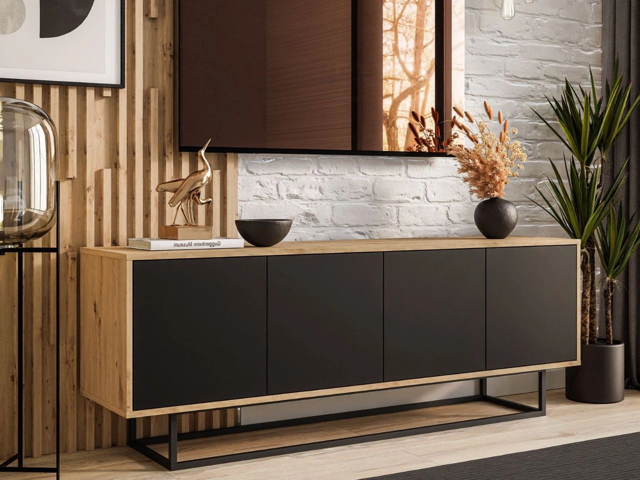 TV-Lowboard mit Türen auf schwarzem Gestell Vivance Schwarz und Artisan Eiche