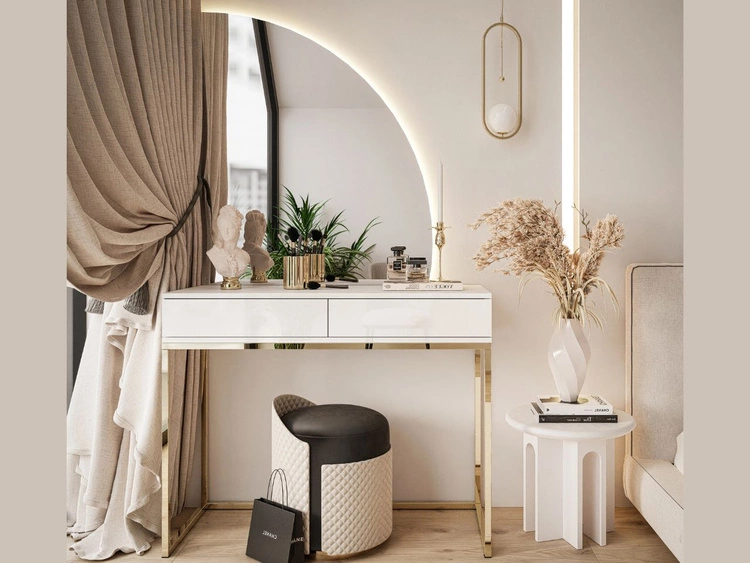 Kosmetiktisch rechtsseitig mit Schubladen und LED-Beleuchtung auf goldenen Beinen Clarette Weiß Hochglanz