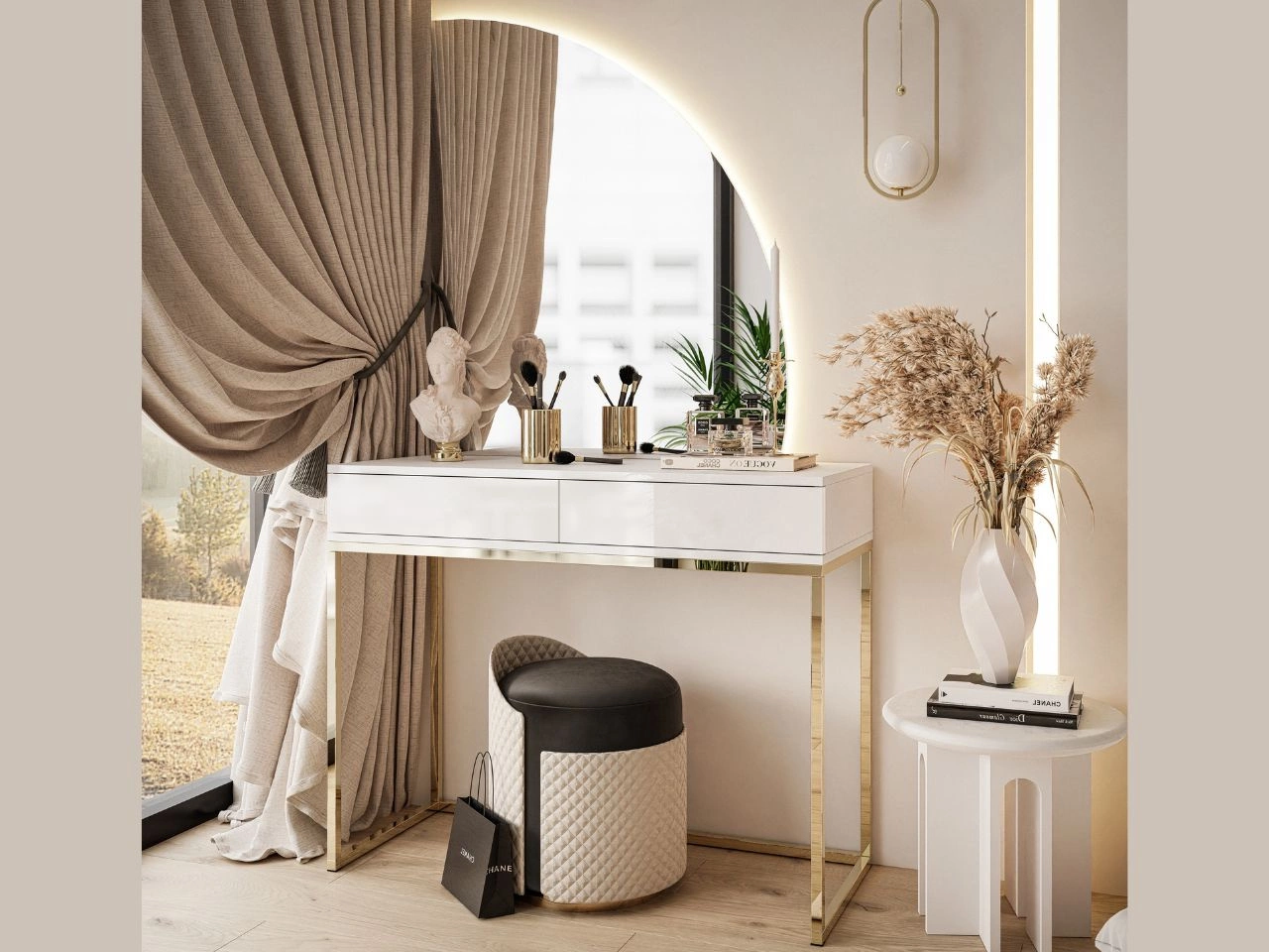 Kosmetiktisch rechtsseitig mit Schubladen und LED-Beleuchtung auf goldenen Beinen Clarette Weiß Hochglanz