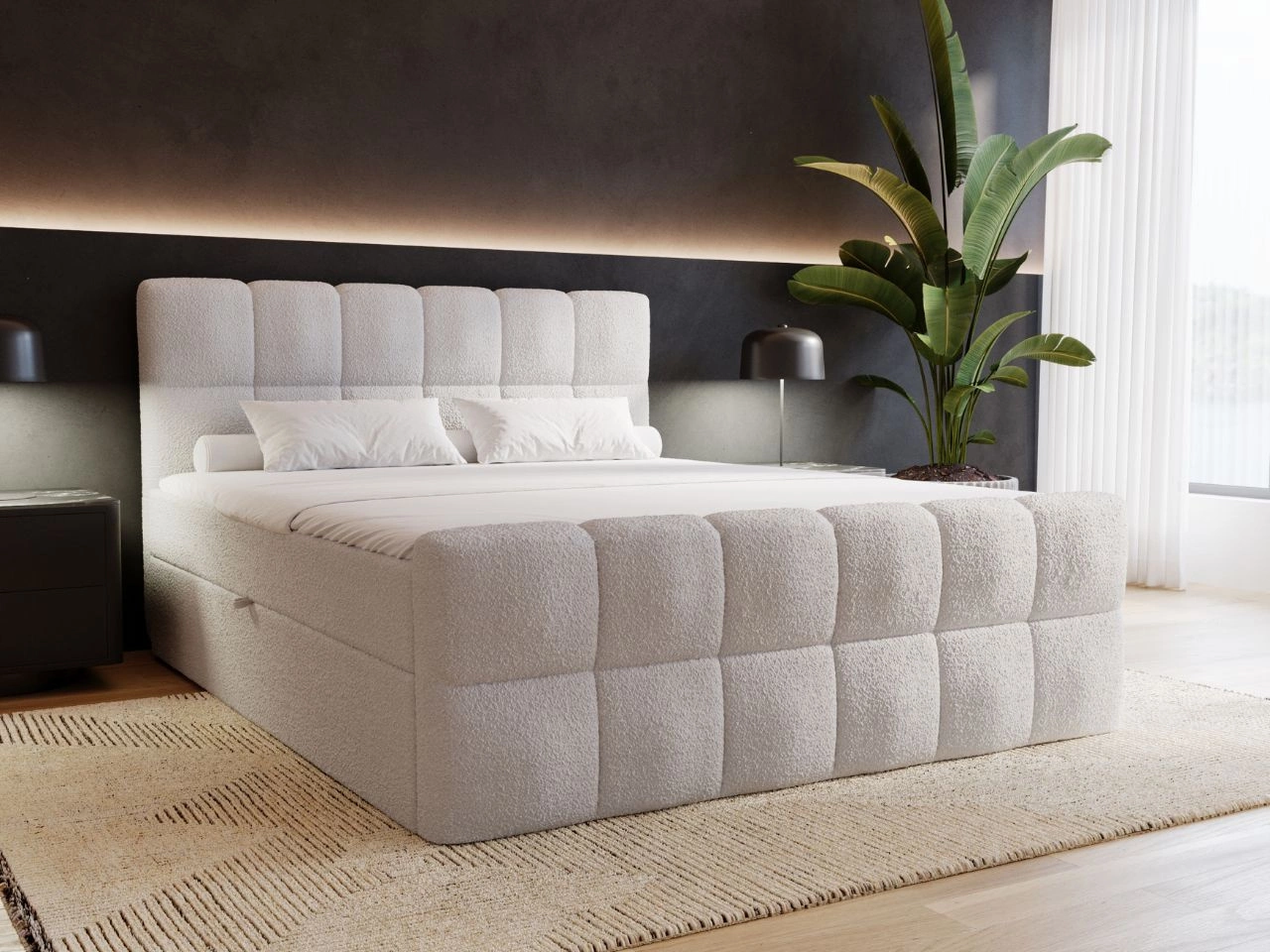 Boxspringbett mit Bettkasten 140x200 Bouclé-Stoff Alicante Grau