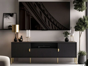 TV-Lowboard breit zweitürig mit Schublade und goldenen Metallfüßen Orlean Schwarz Matt