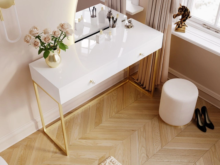 Schminktisch mit Schubladen Belleza Weiß Hochglanz Gold Frame