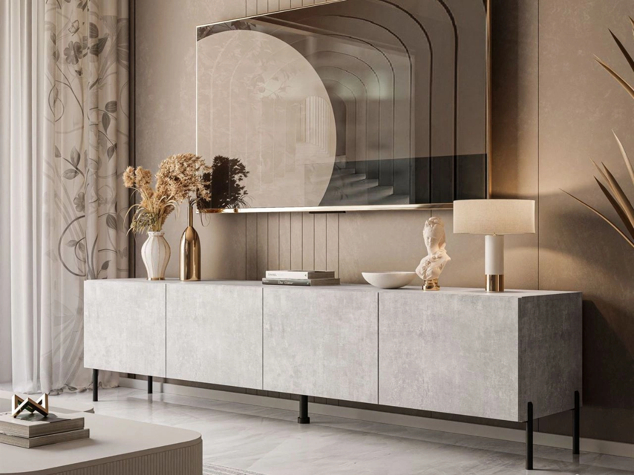 TV-Lowboard mit Türen auf Schwarzen Metallbeinen 200 cm Nodoo Beton