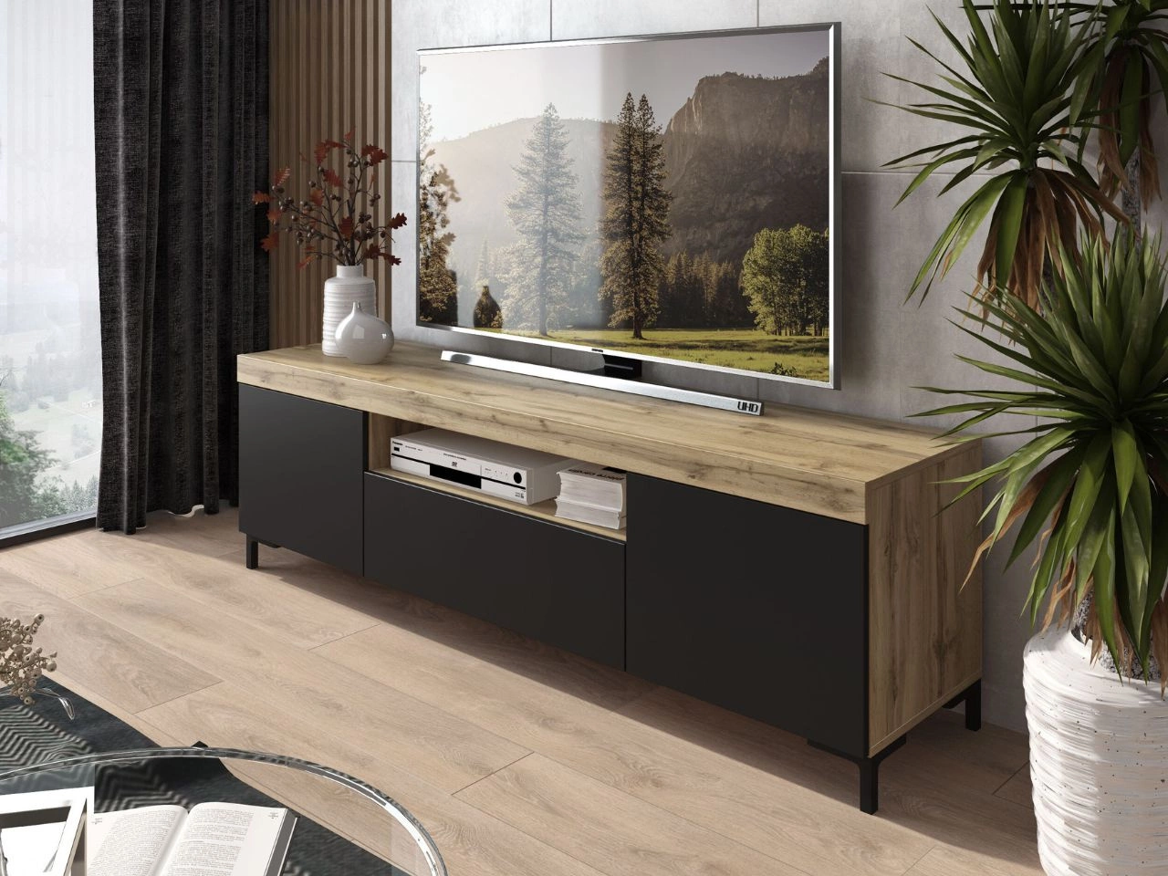 TV-Lowboard Asumi mit Türen und Schublade – Schwarz matt und Eiche Wotan