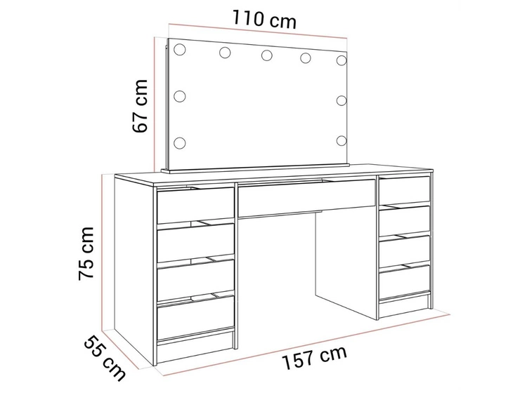 Breiter Schminktisch mit Spiegel, Schubladen und LED-Beleuchtung Melo Elite Weiß Hochglanz