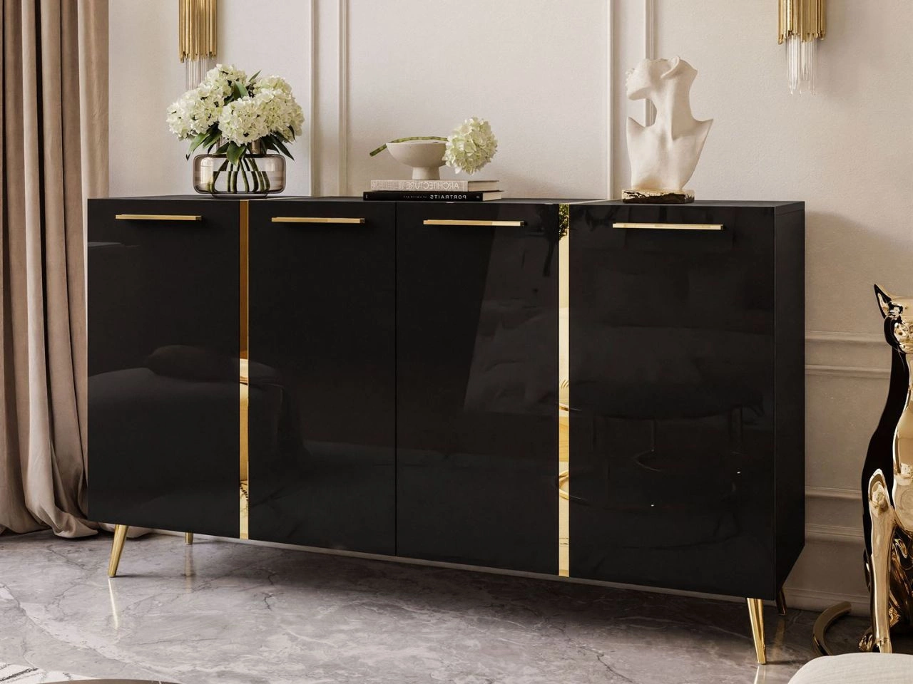 Viertürige Kommode 158 cm Glamour-Stil mit goldenen Griffen und Beinen Lunelie Schwarzglanz