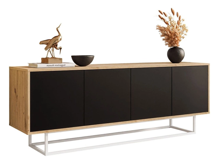 TV-Lowboard mit Türen auf weißem Gestell Vivance Schwarz und Artisan Eiche