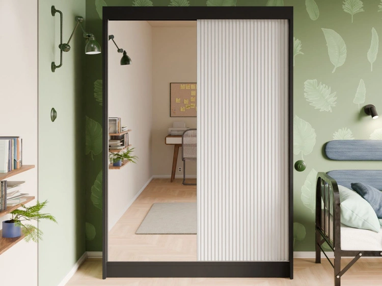 Schiebetürenschrank mit geriffelter Front und Spiegel 150 cm Fano Schwarz, Weiß