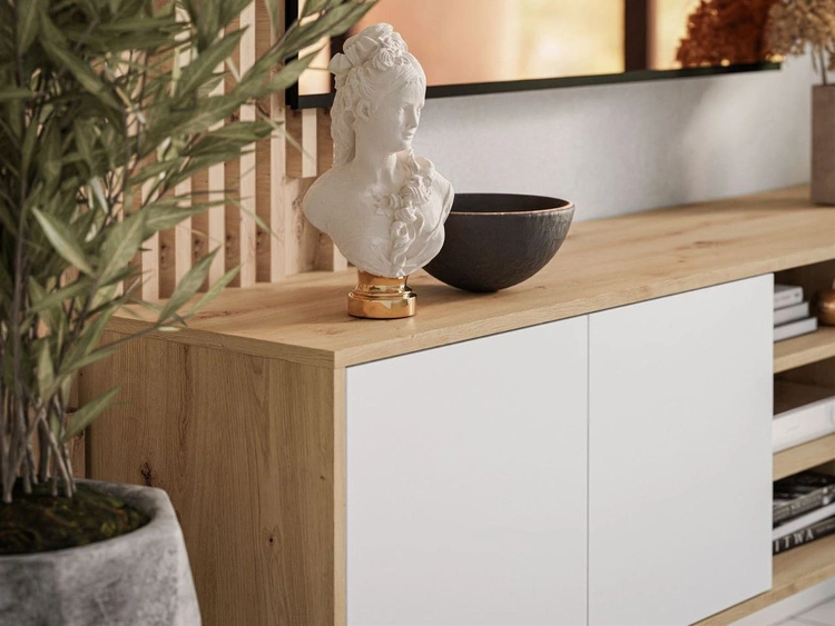 Hängendes TV-Lowboard mit Türen Vivance Weiß und Eiche Artisan